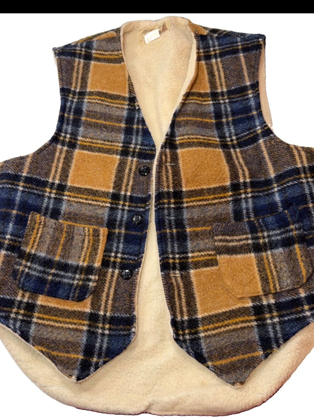 Vintage Mackinaw Wool Fleece Lined Button Vest Mens L Blue Tan Plaid Made In USA